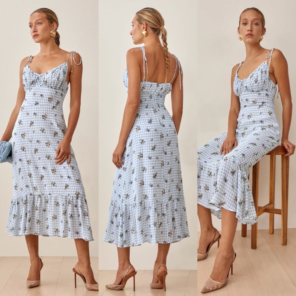 Reformation embry alfresco gimham floral print peplum hem midi dress NO OFFERS
